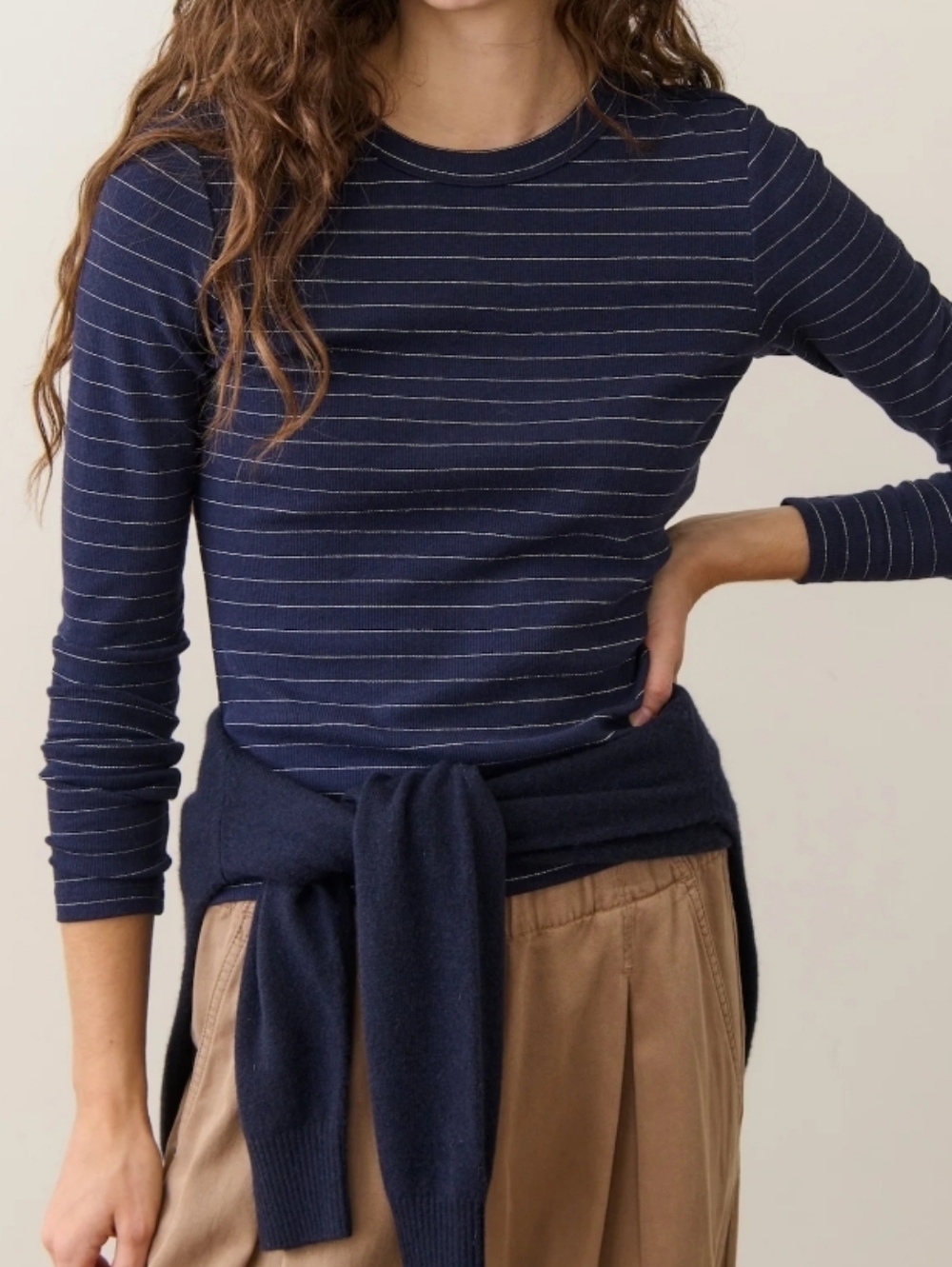 Marine Layer Lexi Rib Sun-In Long Sleeve Crewneck Tee Striped Ribbed Navy Gold